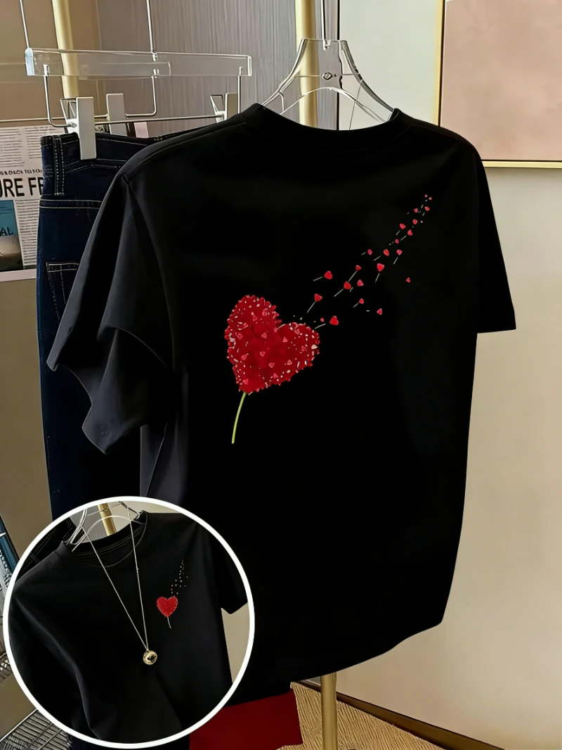 Front & Back Print Heart Rose Graphic T-Shirt, Romantic Red Heart Pattern, Versatile Spring Summer Fall Daily Fashion Tee