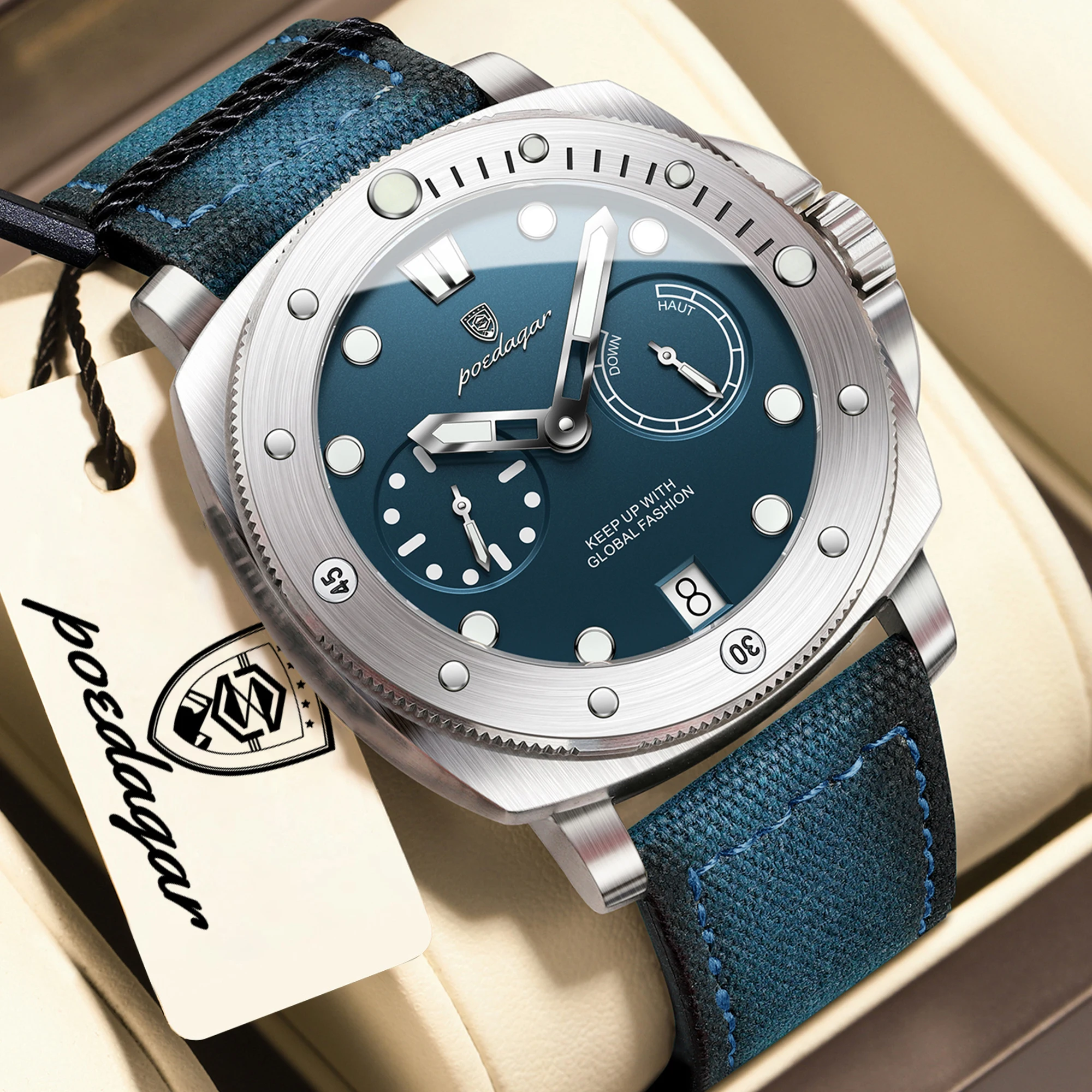 Orologio da uomo POEDAGAR di alta qualità, impermeabile, luminoso, con datario, elegante, con cinturino in nylon e pelle, al quarzo.