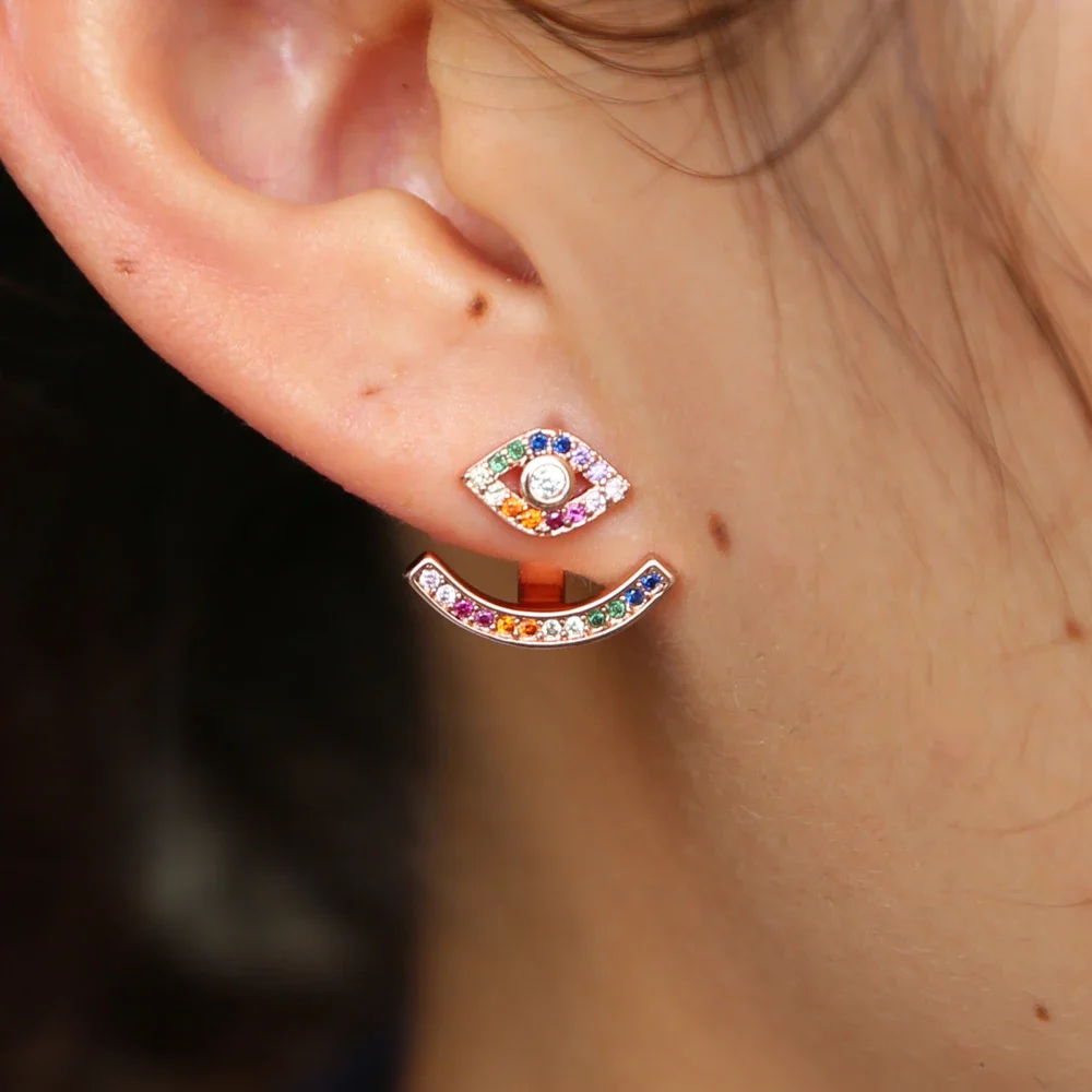 rainbow gold color earring double sided stud with Evil eye curved bar shaped fashion trendy girl women gift jewelry