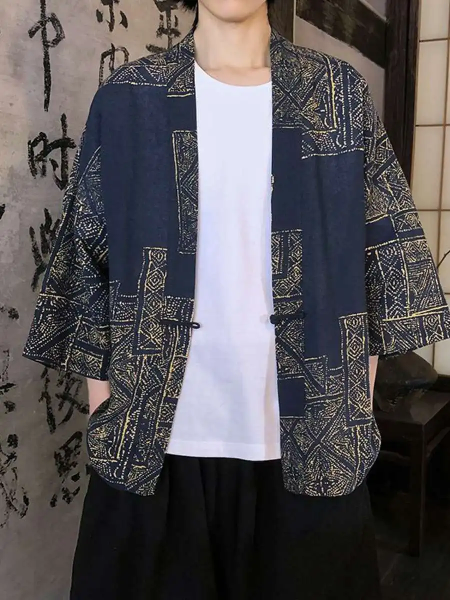 New Men's Fashionable Ethnic Style Open Cardigan Sun Protection Clothing Hanfu Robe Travel Outfit Large Size Polyester Material