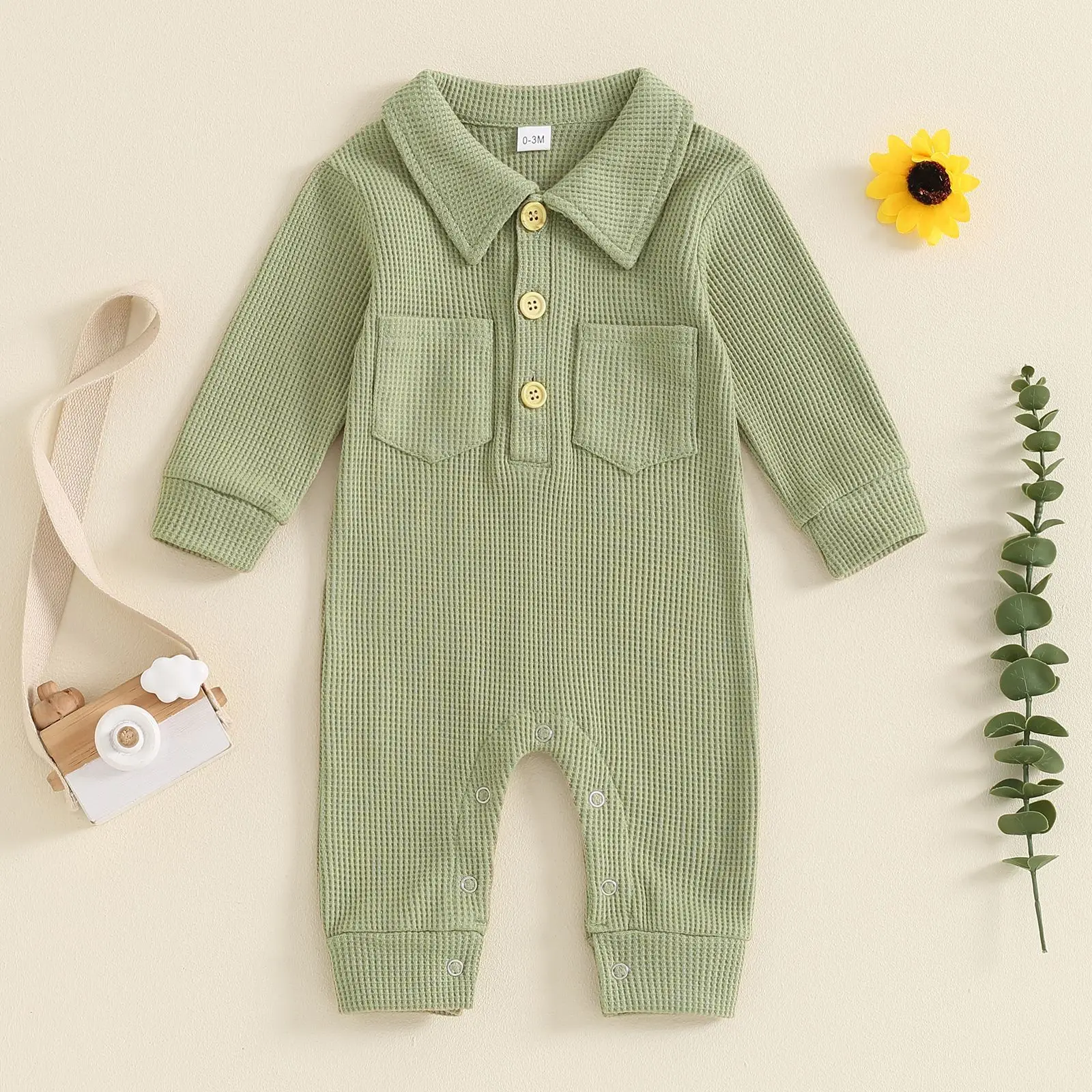 MILANCEL 2024 Autumn Baby Rompers Turn Down Collar Boys Clothing Waffle Jumpsuits Infant Outfit