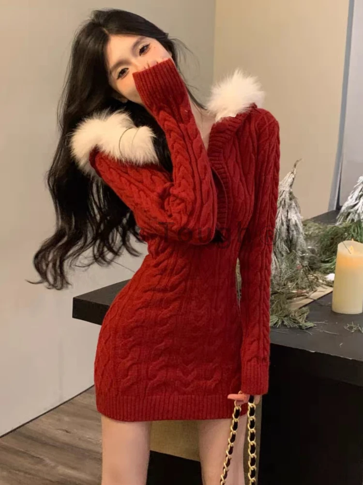 Christmas Red Elegant New Sweater Women Slim Fur Patchwork Hooded Knitted Dress Female Korean Fashion Casual Warm Clothes 2024