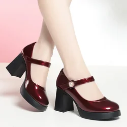 8cm Comfortable Patent Leather Shoes Women Mary Janes 2024 Spring Block High Heels Shoes Platform Pumps for Office Model Dance