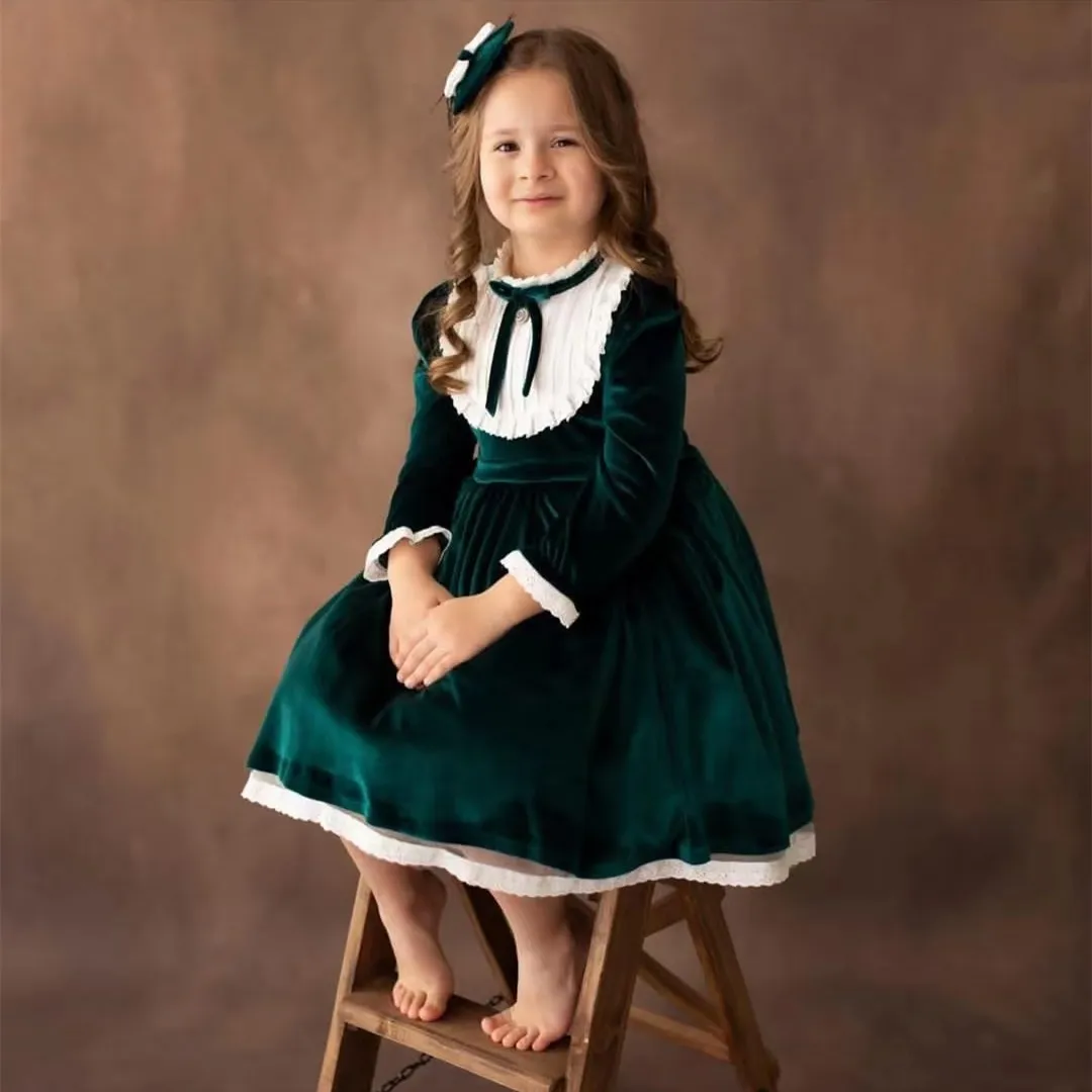 

0-12Y Baby Girl Autumn Winter Green Red Navy Blue Burgundy Vintage Princess for Eid Holiday Photography