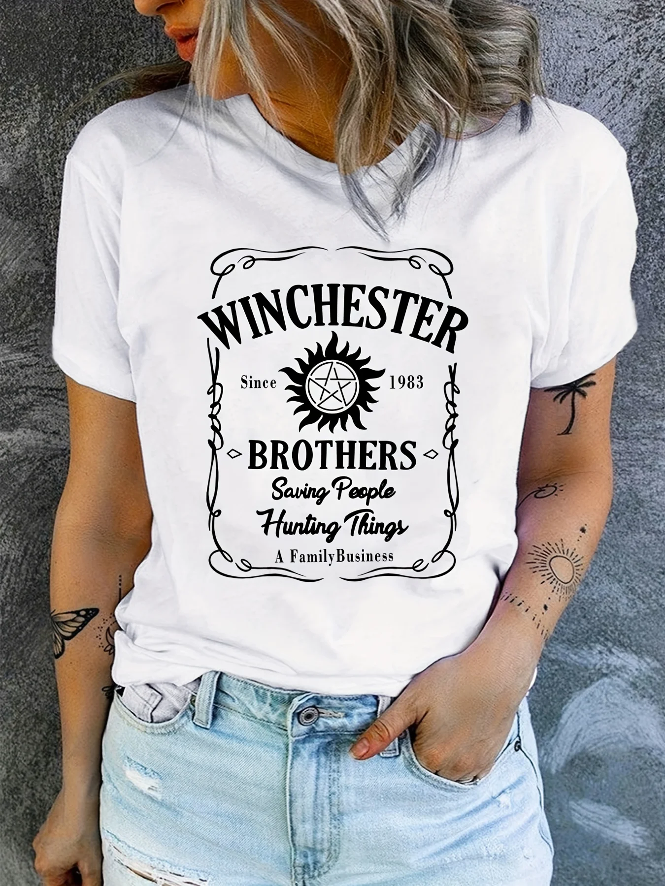 

Winchester Brothers Womens Casual Graphic Tee - Soft Comfy Polyester Mid-Stretch Machine Washable with Geometric Print