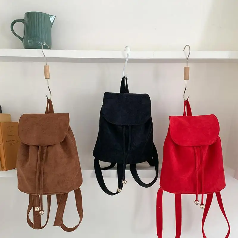 Vintage Suede Flap Drawstring Backpack Ins New Fashion Student Small Bagpack Matte Solid Color Female Travel Bags Rucksack Sac