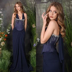 Customized Matching Intricate Chiffon Beading Sequined Pleat Draped A-line Halter Long Dresses Bespoke Occasion Dresses Elegant