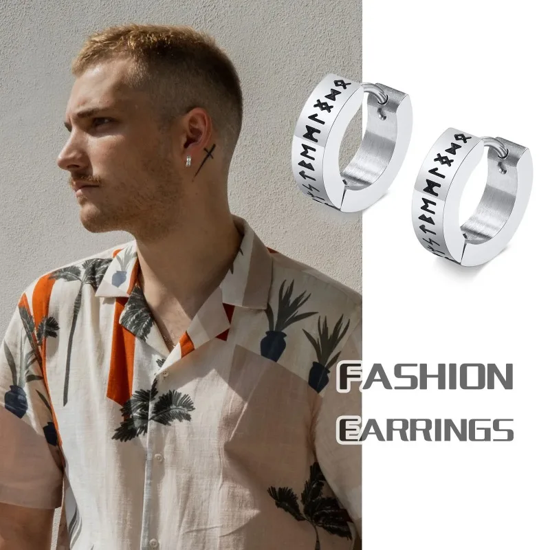 Vintage Norse Viking Runes Hoop Earrings for Men Male Boys,Waterproof Stainless Steel Huggie Ear Gifts Holidays Jewelry