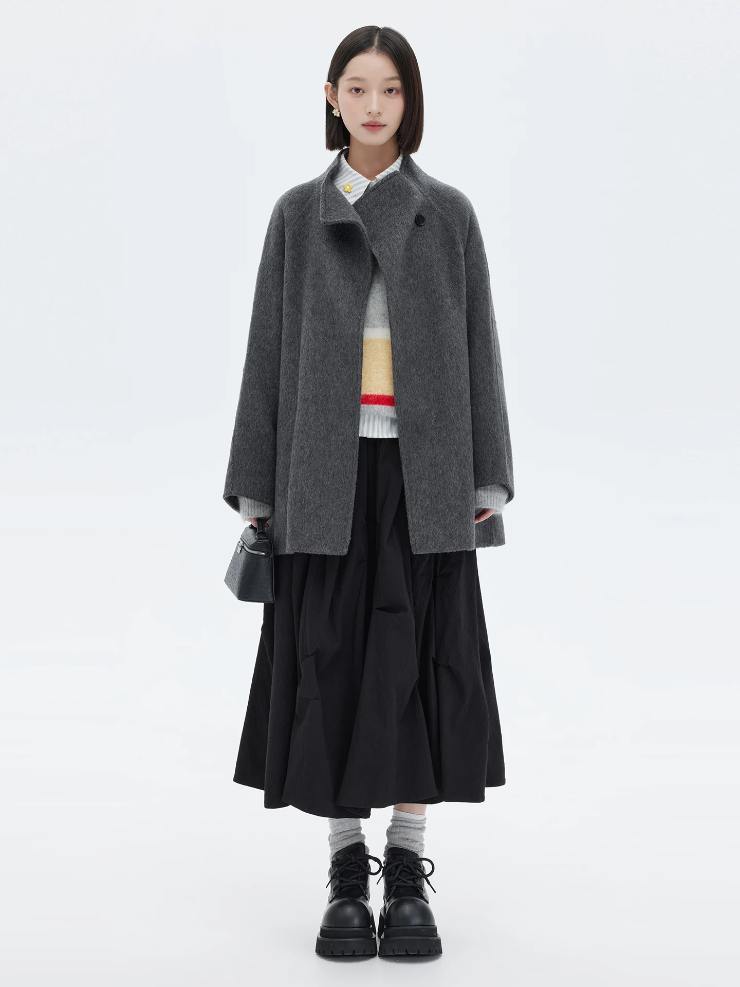 

Heavyweight 70% Wool Blend Coat with Long Belt f Stand Collar Button Closure Winter Travel Casual Daily Women's Outerwear