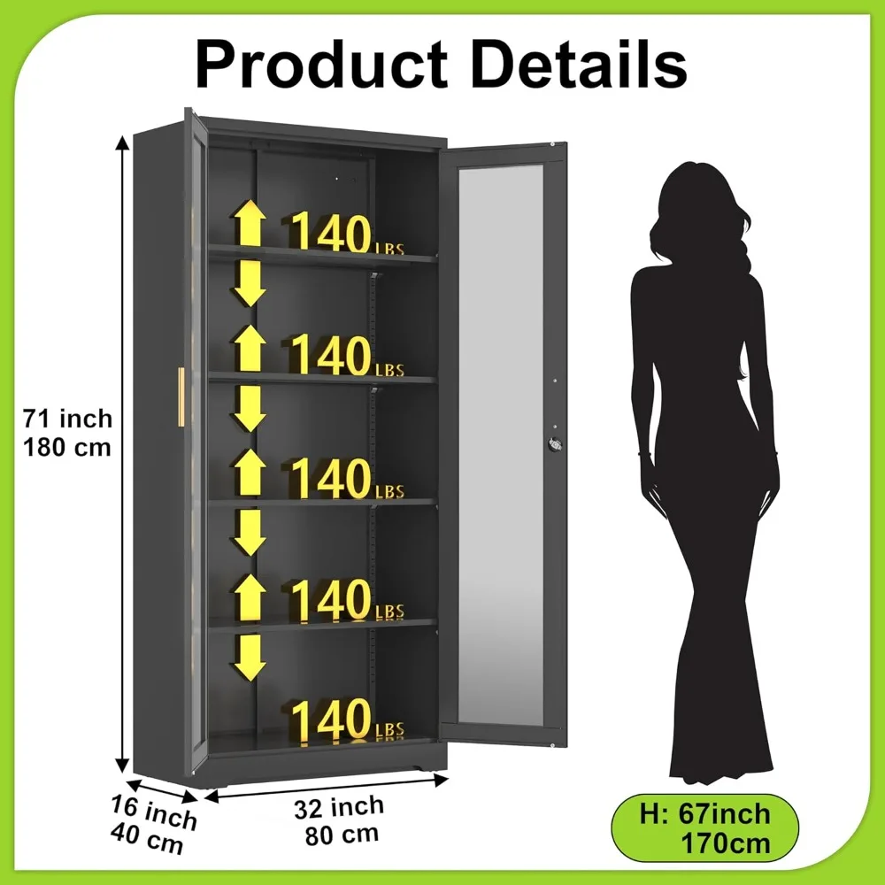 Высокая металлическая витрина со стеклянными дверцами, безопасный шкаф Curio для домашнего декора, 71, высокая витрина для кухни или гостиной