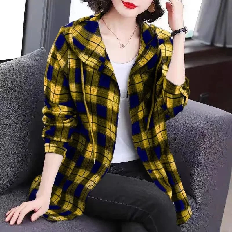 

Trendy Plaid irt Women's Spring Autumn 2026 New Sle plus Size Versatile Mid-Length Ladies' irt Jaet Casual Loose Fit