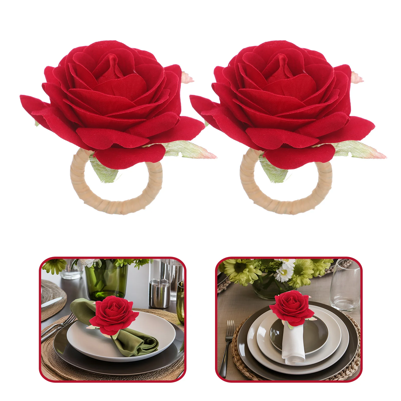 

6Pcs Red Rose Napkin Rings Fabric Flower Serviette Buckles Wedding Banquet Thanksgiving Baby Shower Dinner Rose Napkin Rings Set