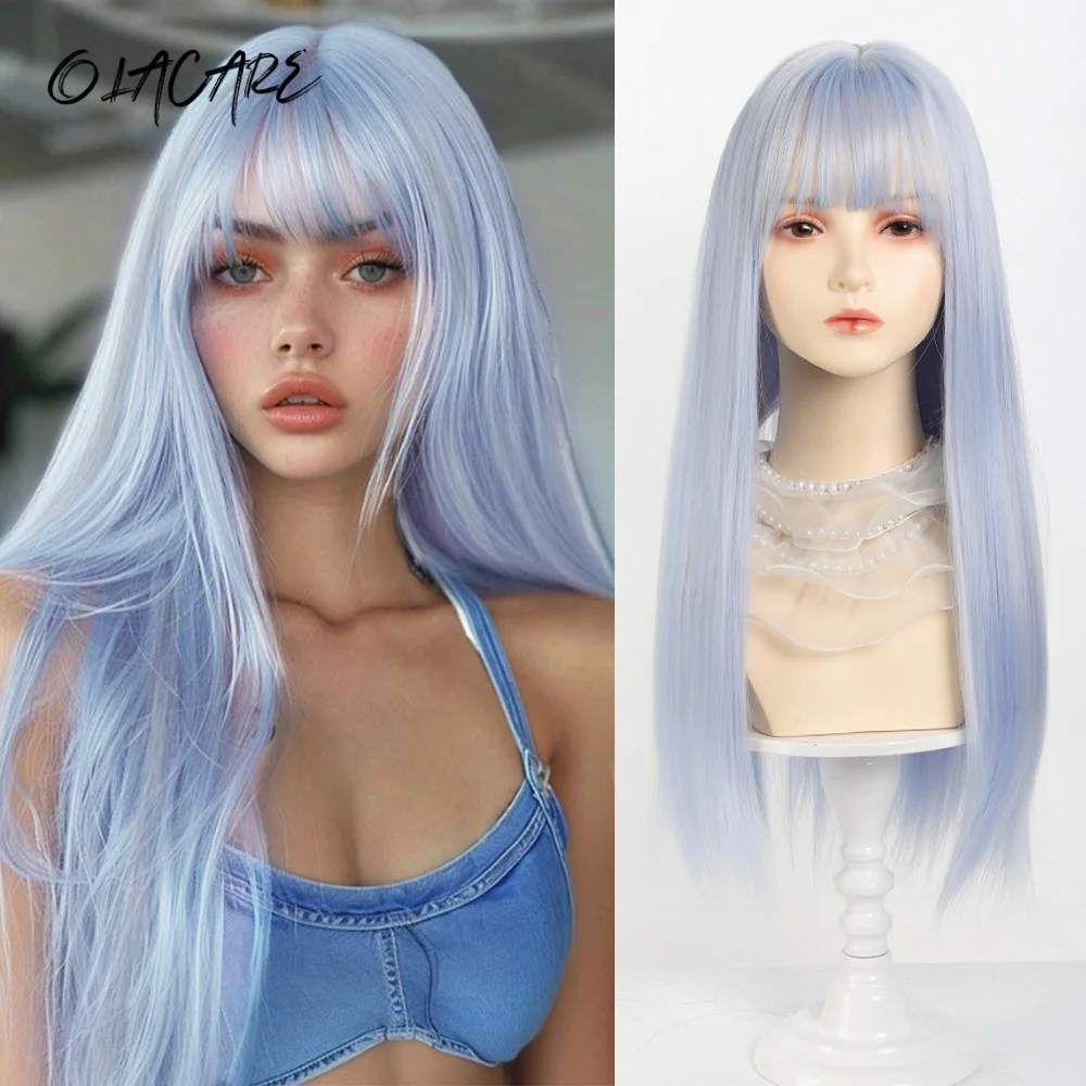 

Синтетический длинный прямой парик OLACARE в стиле Лолита с челкой, омбре: синий, блонд, черный, для косплея, вечеринок, Хэллоуина, парик в стиле Харадзюку, женский фасон