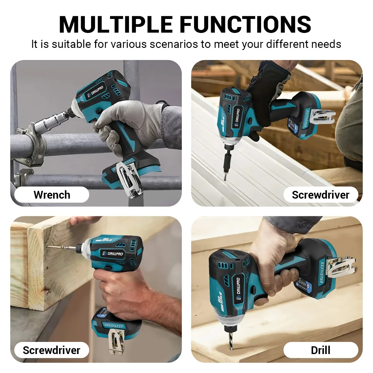 Drillpro 1/4 Inch Cordless Brushless 4-Speed Electric Drill Screwdriver Impact Driver Power Tool for Makita 18V Battery