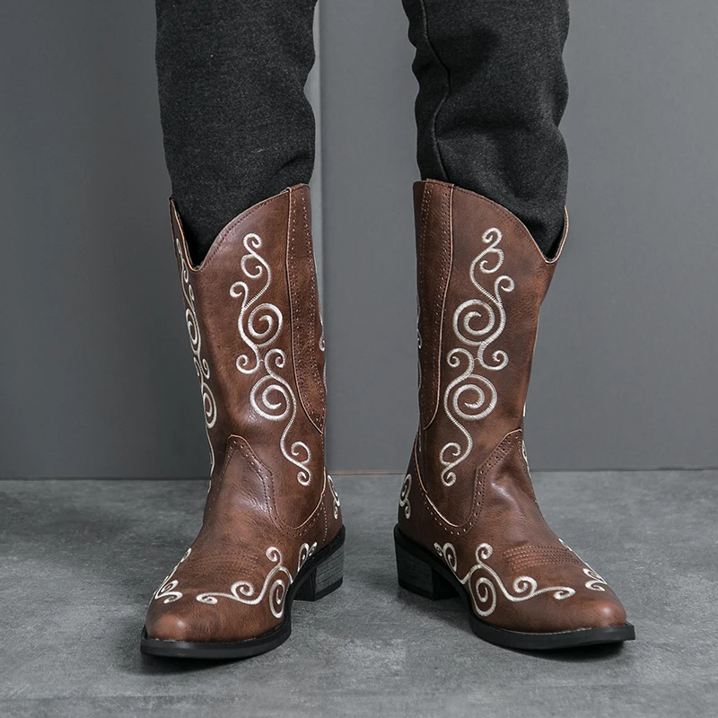 

European and American Folk Style Hand Embroidered Western Cowboy Boots with Sleeves Auspicious Clouds Retro Pointed Knight Boots
