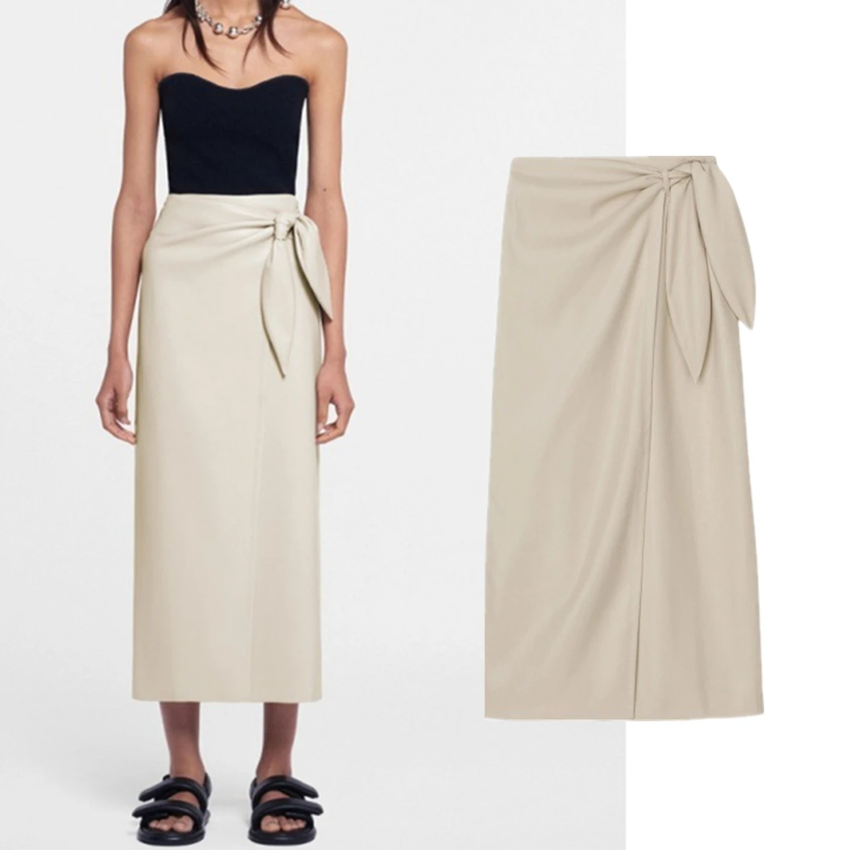 

Maxdutti Minimalist Soft Protein Leather Women's Skirt Woman Clothing High Waisted Wrap Skirt Office Lady Commuting Midi Skirt