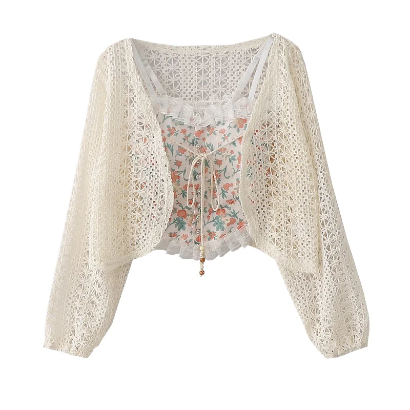 

Hook Flower Hollowed Out Lace Lace Up With Floral Spaghetti Strap Vest Women Vintage Vacation Style Two-piece Top Set