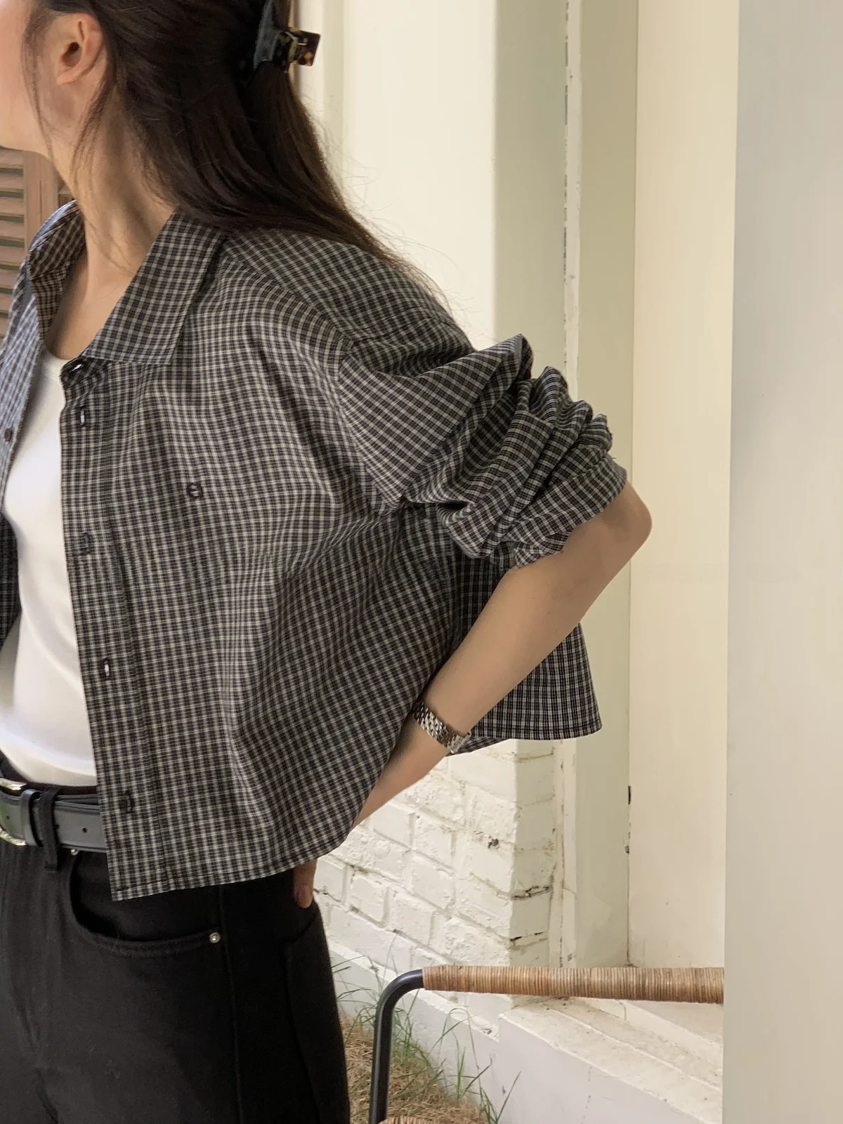 Koreanisches Design Langer Ärmel Bla Kariert Baumwolle Damen Locker Sitzend Herbst Neu Kleine Größe Kragen Knopfleiste