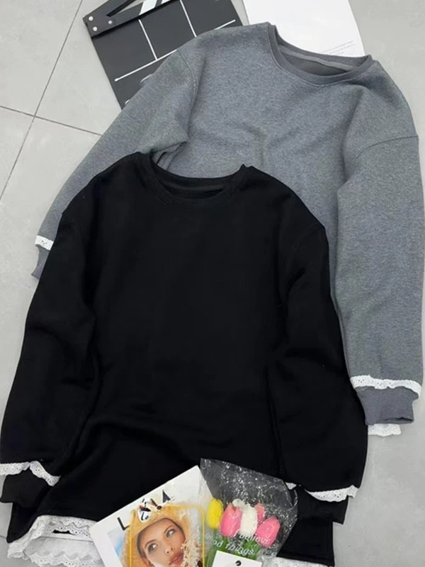 Coreano japonês marca renda guarnição splice feminino meados de comprimento camiseta bunda cobrindo preguiçoso sle suor solto ajuste longo sve