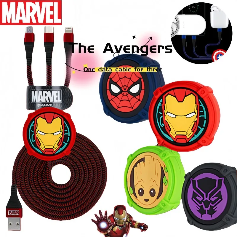 Marvel Capitán América Spiderman Cable de datos Triple carga rápida Anime dibujos animados coche Universal 3 en 1 regalo de cumpleaños para niños
