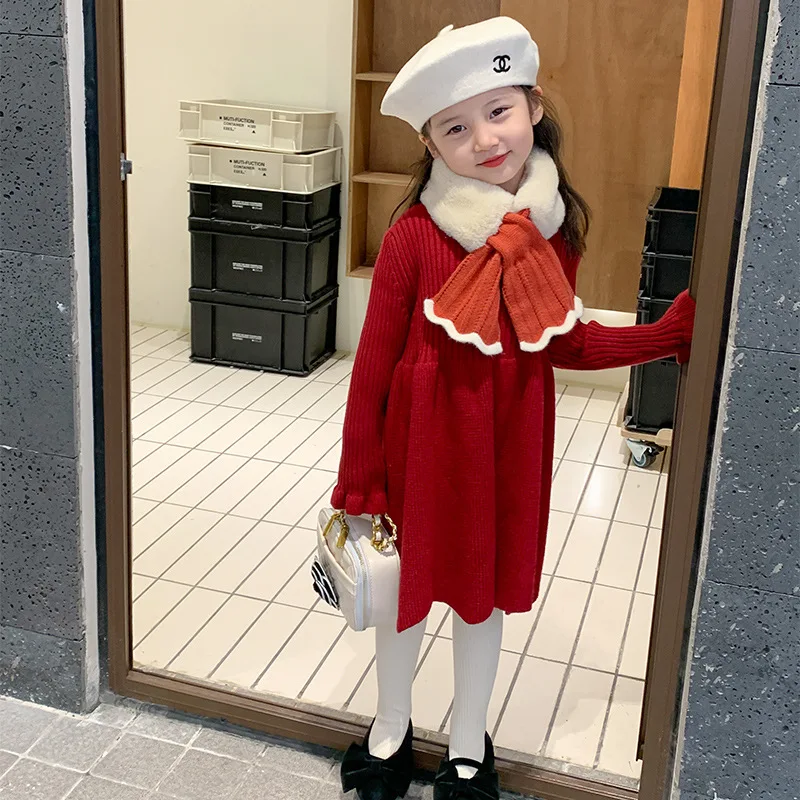 

Girls Sweet Ruffled Sweater Dress Children Baby Girls Solid Color Woolen Dress Inner Knitted Skirt