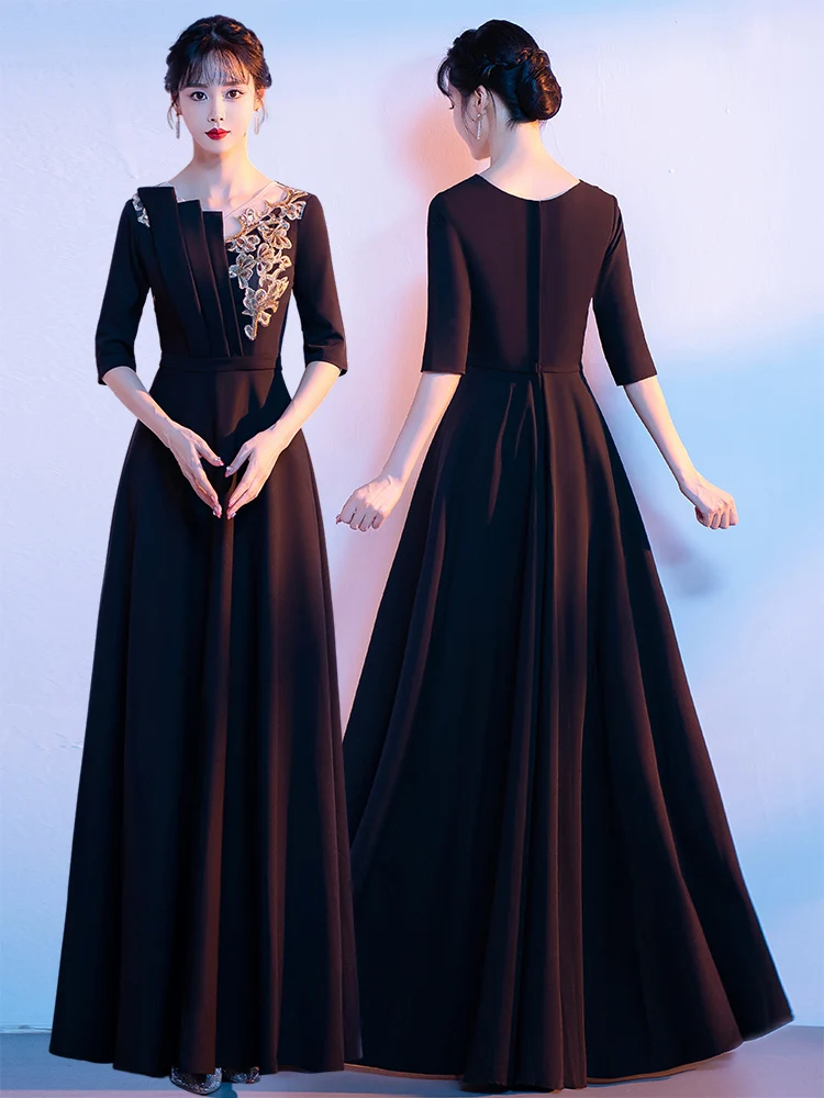 

Элегантное черное длинное вечернее платье для взрослых женщин: для выступлений в хоре, декламации стихов, ведущих, дирижеров, стройнящее фигуру