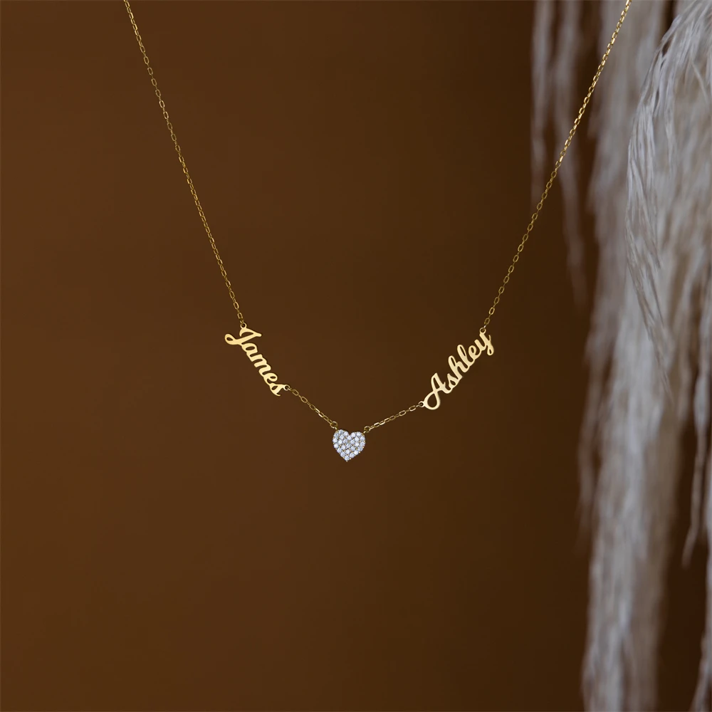 Two Pave Zircon Heart Custom Name Necklaces for Women Wedding Gift Minimalist Jewelry Personalized Multiple Names Charm Choker