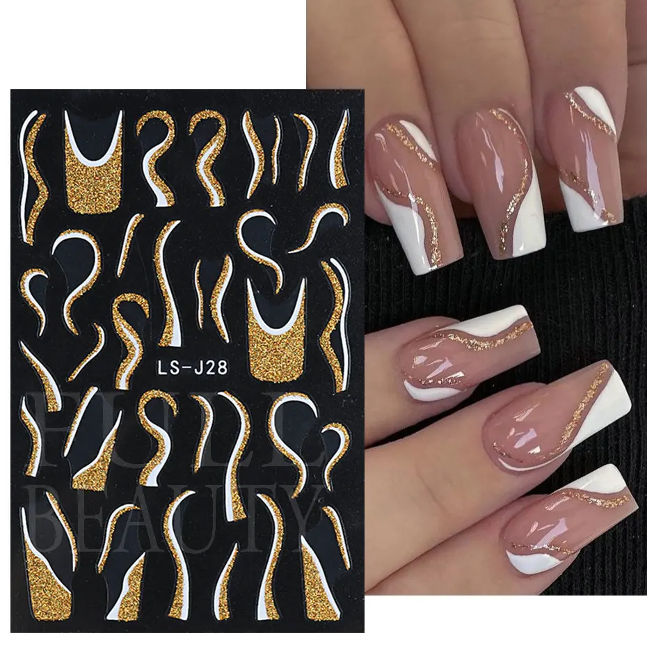 Shiny Glitter 3D Nails Stickers Reflective Sparkly Wave Lines French Nail Design Gold Silver Winter Manicure Ideas Decals LS-J28