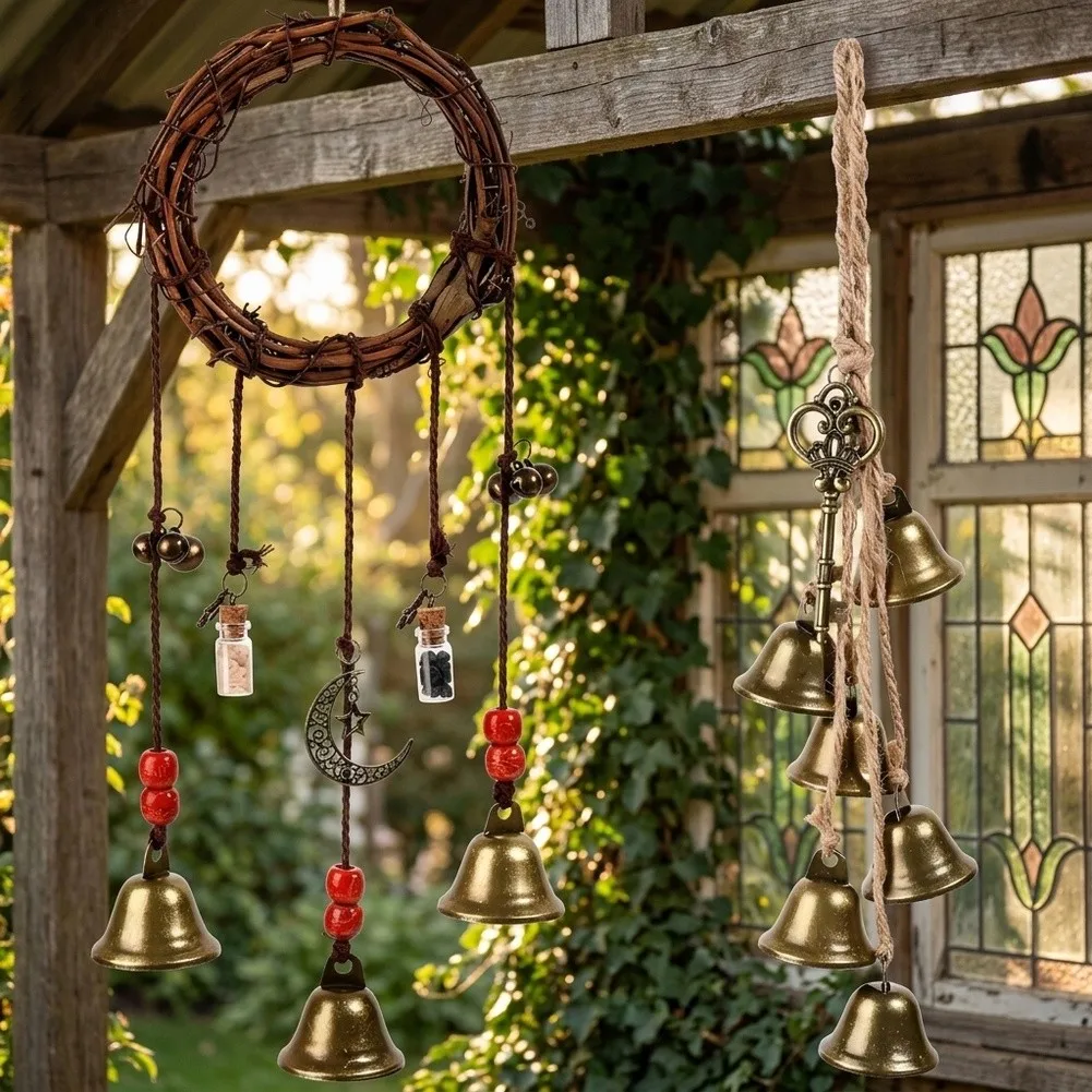 Vintage Witch Bells Wind Chime Handcrafted Metal Rattan Hanging Decoration For Door Knob Window Halloween Home Room Ornament