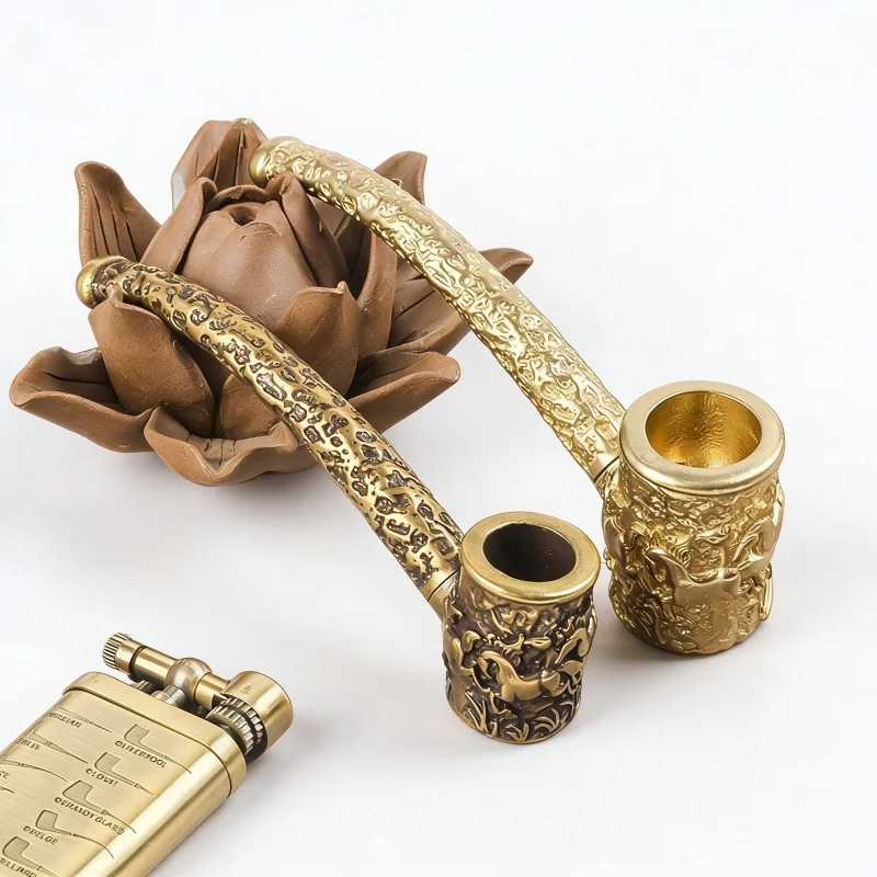 

2026New Pure Brass Detachable Vintage Tobacco Pipe Oriental Carving Design Easy-to-Clean Dry Smoking Pipe
