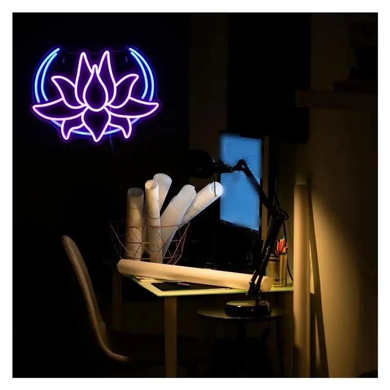 Moon Lotus Flower Neon Sign For Wall Decor Dimmable Light USB Powered For Coffee Party Yoga Room Home Man Cave Birthday