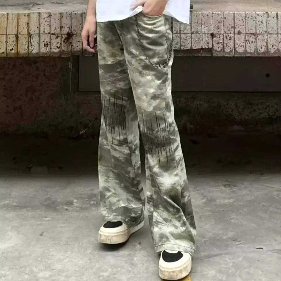 

Мужские джинсы-клеш с камуфляжной вышивкой в американском стиле, прямые, облегающие, молодежные, из денима