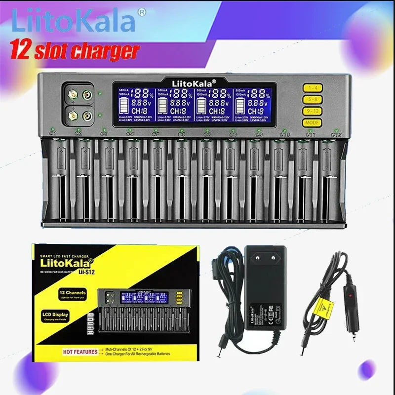 

LiitoKala Lii-S12 12-Slot LCD Battery Charger For Li-ion LiFePO4 Ni-MH Ni-Cd 9V 21700 20700 26650 18650 16340 18350 RCR123 18700