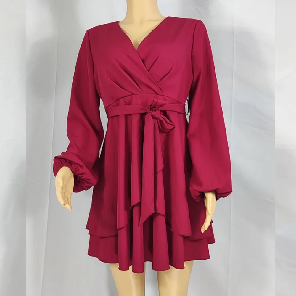 Ladies’ High Waist Irregular Skirt Hem Sexy Solid Color Commute Long Sleeve Deep V-neck Casual Elegant Fashion Mini Dress