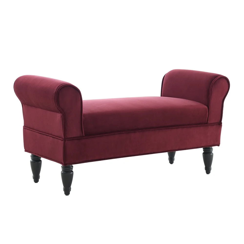 Stylish Upholstered Bench Living Room Bedroom Entryway Cushioned Seating Dark Mahogany Legs Rolled Sides Indoor Use Assembly