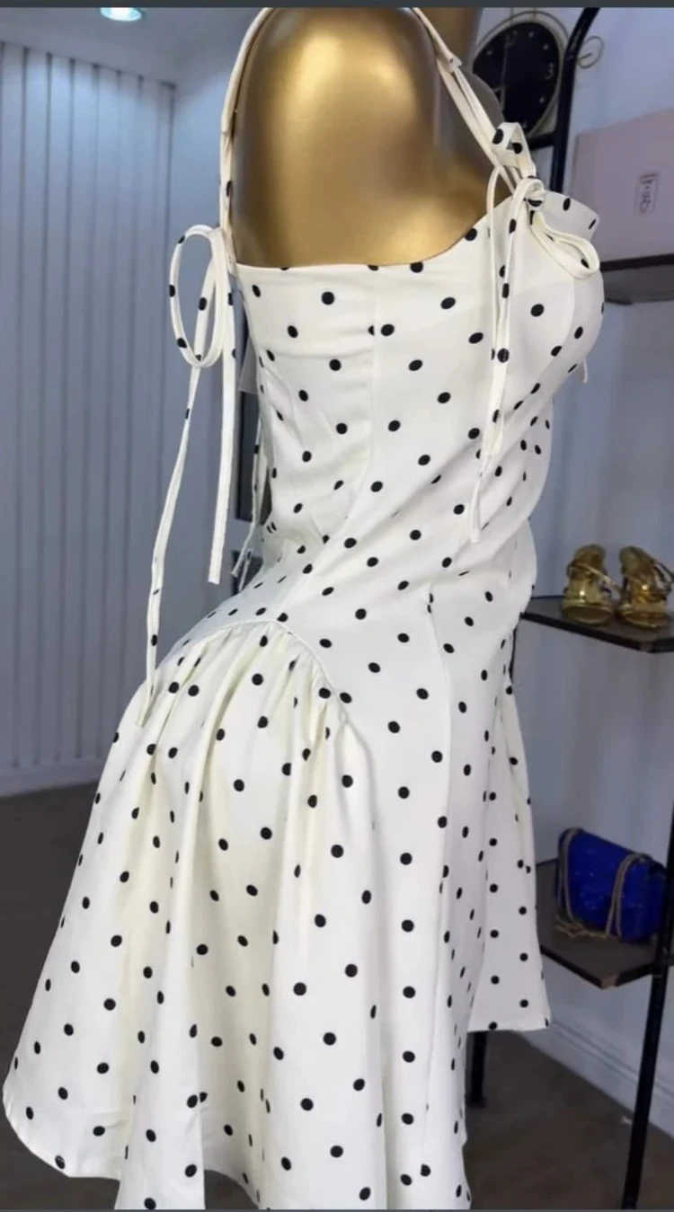 BWQ Donna Dot Stampato Slash Neck Canotta A-line Grembiule Mini abito 2025 Vacanze estive Festa di compleanno Abiti Vestiods