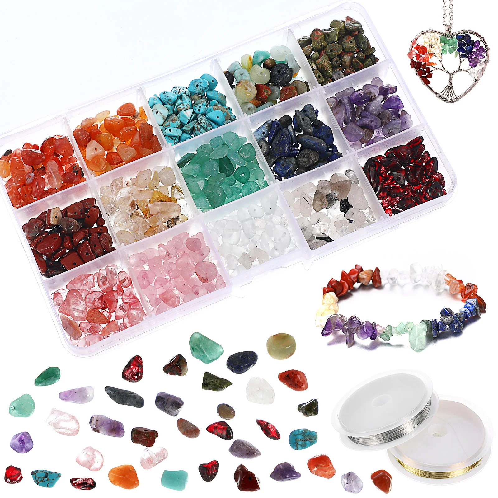 Box of Natural Gemstone Beads Stones Pre Drilled Hole for DIY Craft Bracelet Ring Earring Making Copper Wire Included