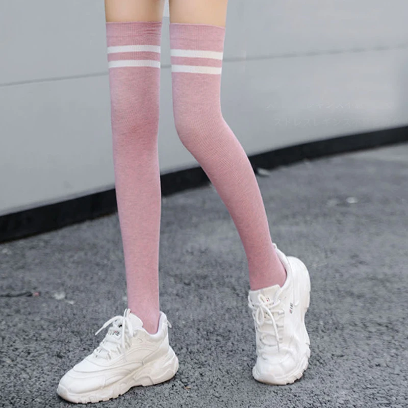 

Women Stockings Pink winter colour stripe long Socks Warmer Thicken for lady Girls over the knee socks JK thin leg knee-high
