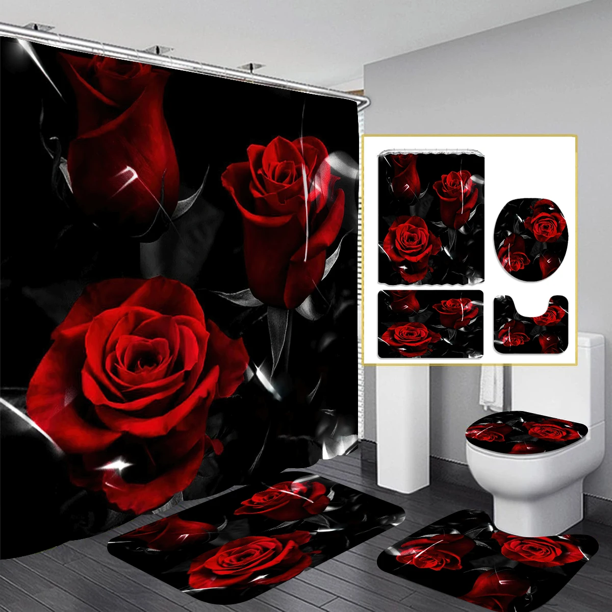 1/4 Piece Shower Curtain Set, Waterproof Bathroom Partition Curtain with Hooks, Anti-Slip Bath Rug, U Shape Mat, Toilet Seat Cov