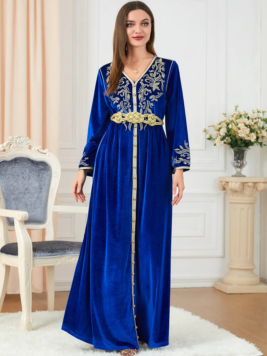 

Winter Moroccan Embroidered Caftan Arabic Long Dress Women GoldenTrim Muslim Party Dresses Dubai Turkish Modest Abayas Kaftan