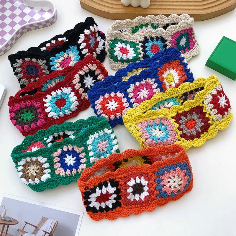 

Women Colorful Crochet Bandana Knit Head Kerchief Cute Pattern Turban Tie Back Pastoral Head Wrap Anti-uv Hair Kerchief Dropship