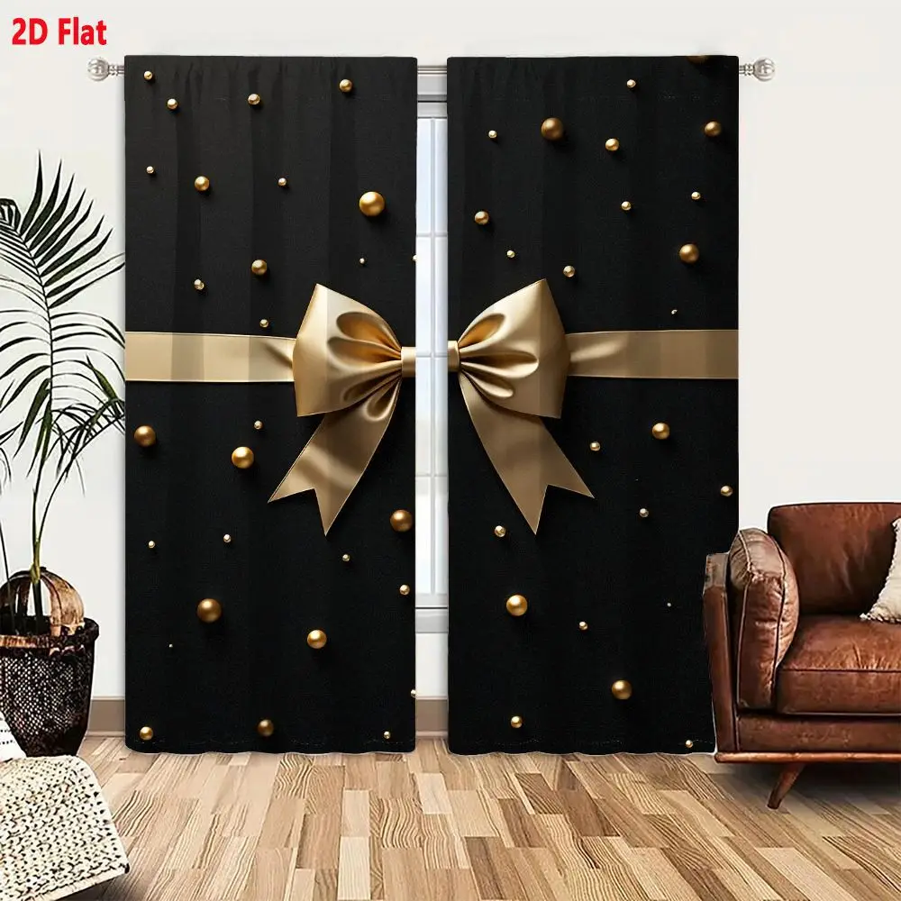 2Pcs Curtains Add 2D Flat Gold Ribbon Bow And Beads On Black Background Window Drapes for Bedroom Room Decor Decoration Window T