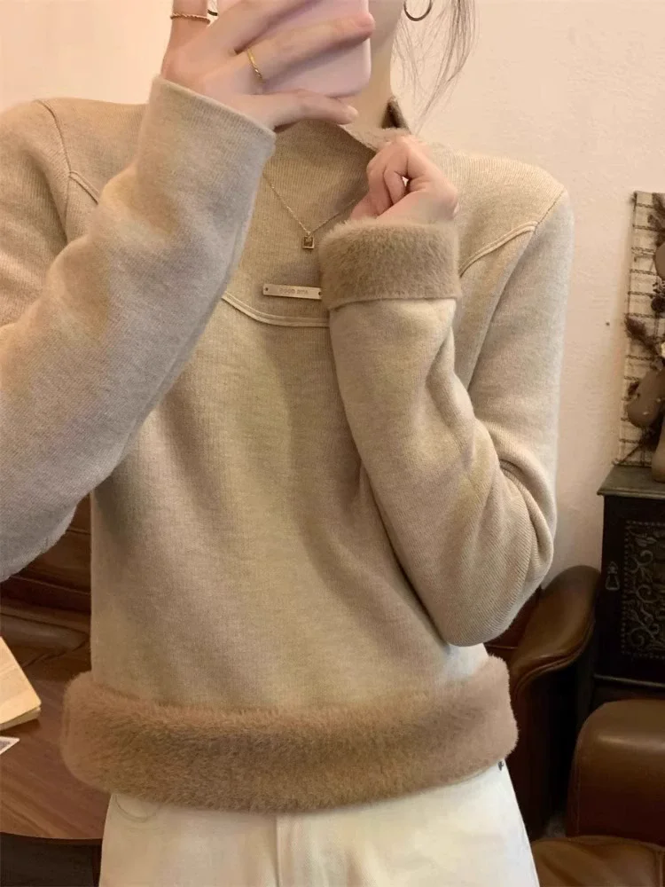 

Модный мягкий вязаный пуловер со свободной подошвой, теплый плюшевый свитер с полувысоким воротником, женский повседневный утолщенный мешковатый джемпер