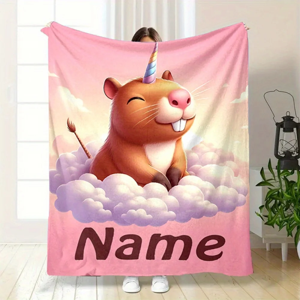 اسم شخصي بطانية كابيبارا السحابية القابلة للتخصيص، قابلة للغسل في الغسالة لجميع المواسم، سرير سفر منزلي للتخييم العالمي