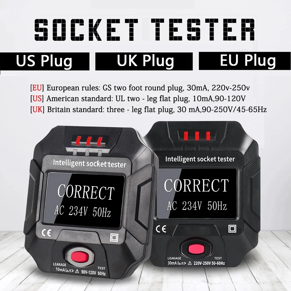 Miernik do gniazdka cyfrowe EU US UK wykrywanie polaryzacji wtyczki duże gniazdo LCD wskaźnik napięcia diagnostyki okablowania Test RCD