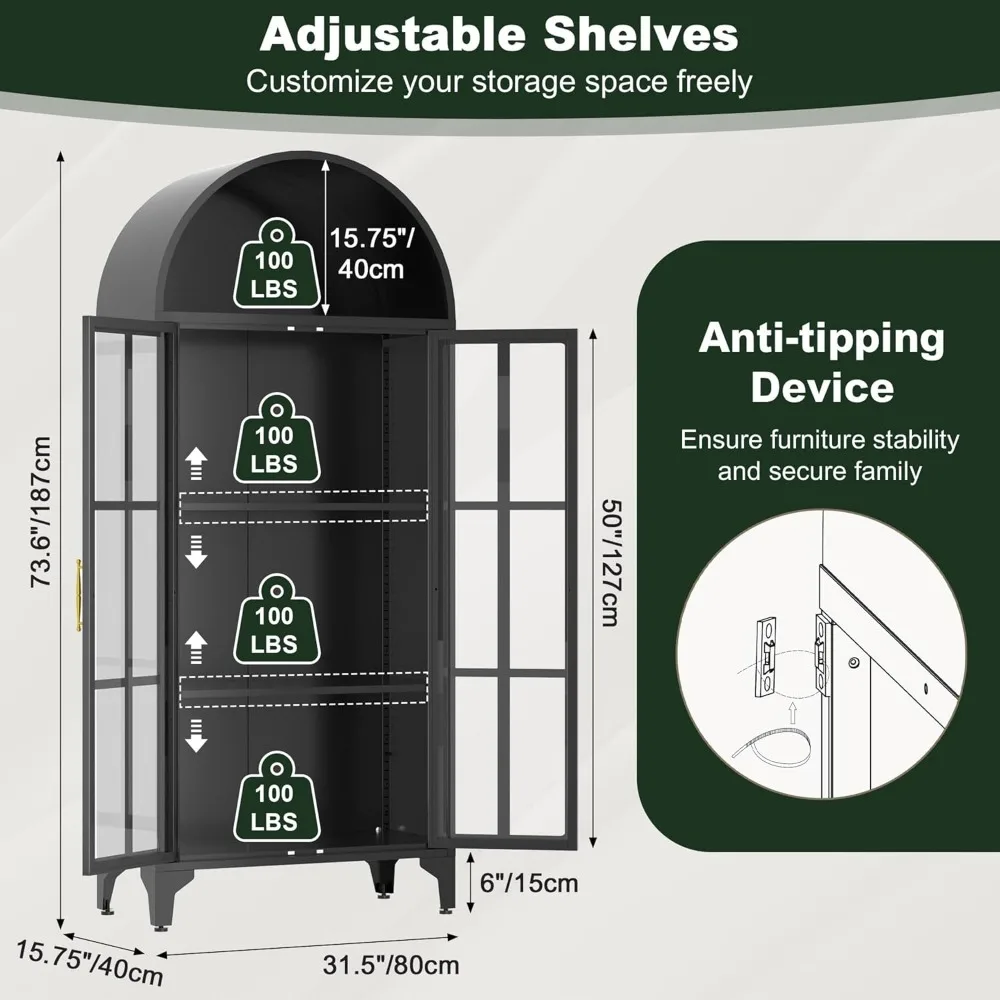 خزانة مطبخ بباب زجاجي مقوس بطول 74 بوصة على طراز المزرعة مكونة من 4 طبقات مع أرفف معدنية قابلة للتعديل #2