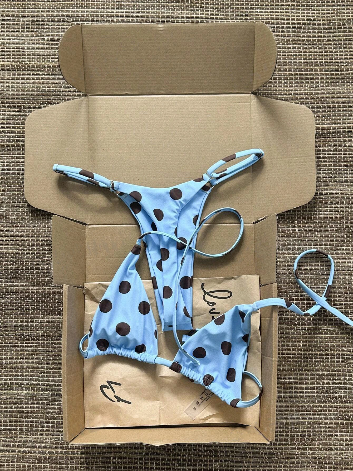 Blue Brown Polka Dot Triangle Bikini Set, Tie Side Adjustable Women 2 Piece Swimsuit Beach Bathing Suit