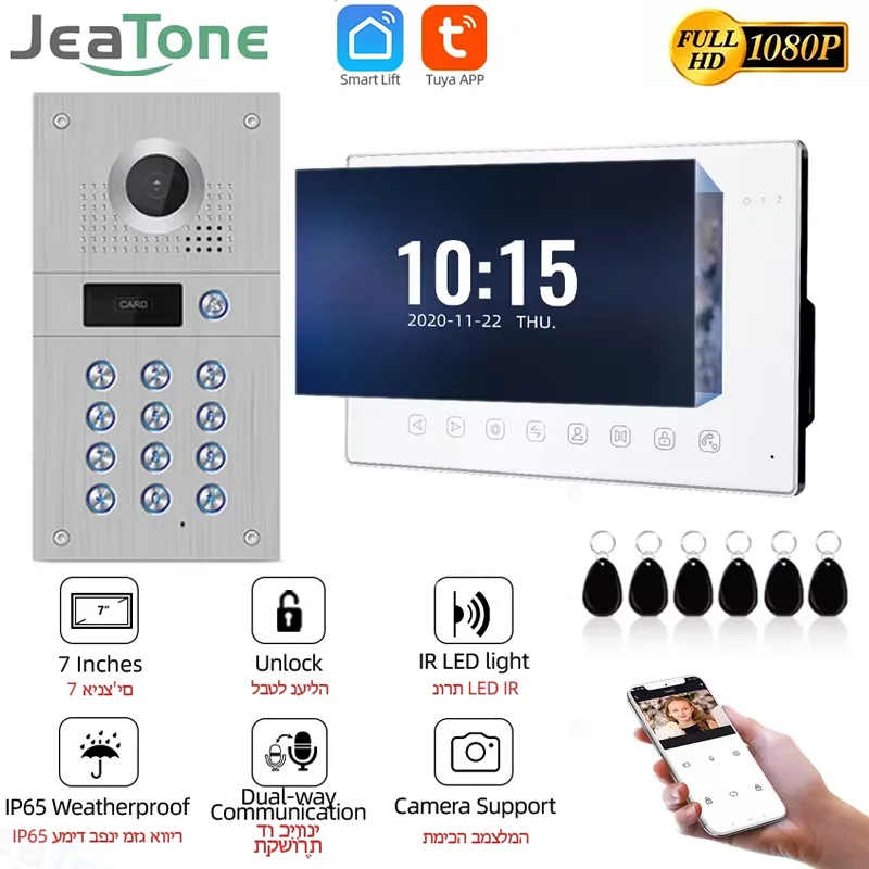 Jeatone Code Keypad Unlock Wifi Doorbell Video Intercom System Tuya Smart 1080P 7 Inch Touch Monitor for Home Access Control Kit