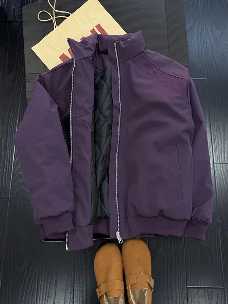 

Purple American Style Bomber Flight Cotton Jacket Men's Winter Quilted Baseball Coat Stand Collar Workwear Warm Cotton Clothes