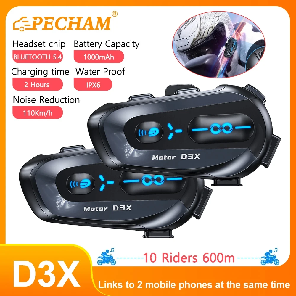 

D3X Motorcycle Helmet Intercom Headset BT5.4 1000mAh IPX6 for 600m Half Duplex Music Share Interphone Voice Assistant Headphone